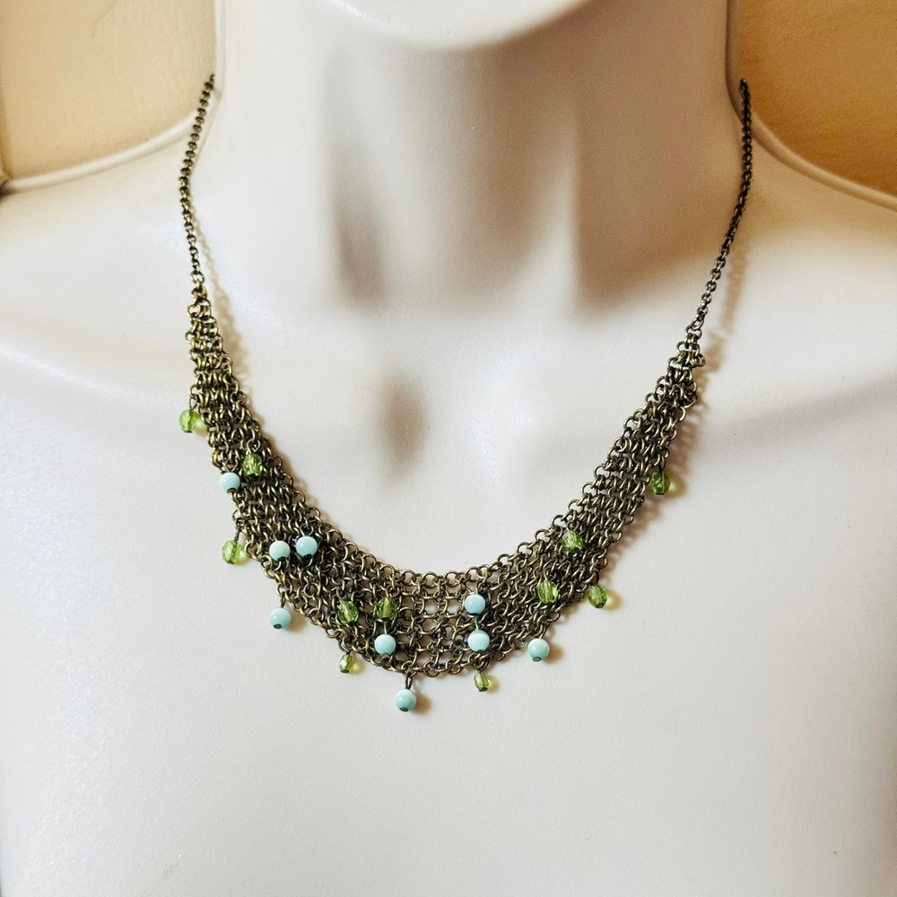 Victorian Style Necklace VTG 1928 Co Mesh Glass Beads Gold Regency Art Deco 19" - Picture 3 of 6